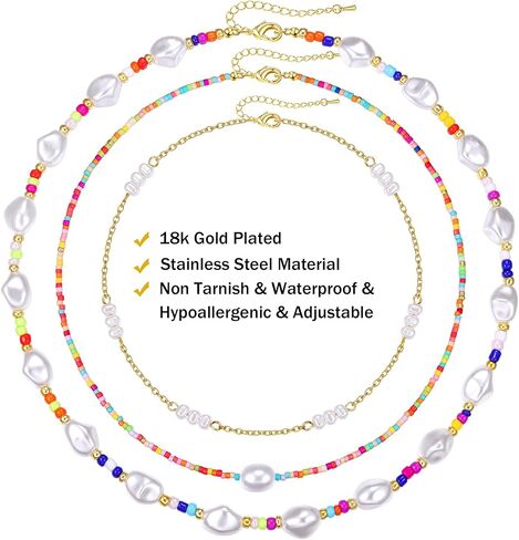 Sanfenly Colorful Beaded Necklace, 18k Gold Plated Boho Layered Pearl Bead Necklace Handmade Beach Summer Surfer Women's Choker Necklaces Shell Flower Heart Trendy Cute Long Necklaces For Women Teen Girls Jewelry Gift in Saudi Arabia