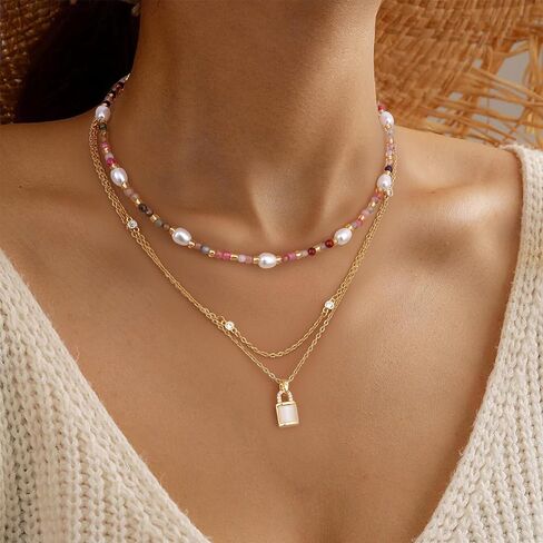 Sanfenly Colorful Beaded Necklace, 18k Gold Plated Boho Layered Pearl Bead Necklace Handmade Beach Summer Surfer Women's Choker Necklaces Shell Flower Heart Trendy Cute Long Necklaces For Women Teen Girls Jewelry Gift in Saudi Arabia