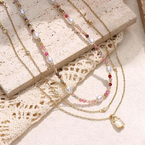 Sanfenly Colorful Beaded Necklace, 18k Gold Plated Boho Layered Pearl Bead Necklace Handmade Beach Summer Surfer Women's Choker Necklaces Shell Flower Heart Trendy Cute Long Necklaces For Women Teen Girls Jewelry Gift in Saudi Arabia