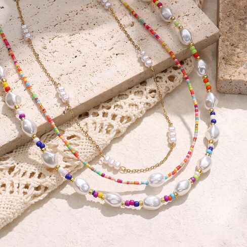 Sanfenly Colorful Beaded Necklace, 18k Gold Plated Boho Layered Pearl Bead Necklace Handmade Beach Summer Surfer Women's Choker Necklaces Shell Flower Heart Trendy Cute Long Necklaces For Women Teen Girls Jewelry Gift in Saudi Arabia