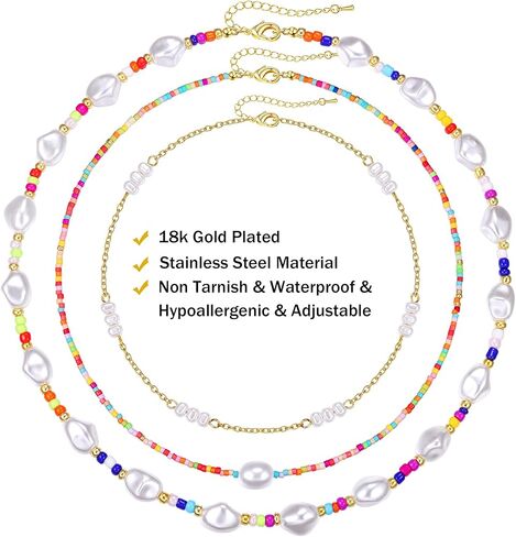 Sanfenly Colorful Beaded Necklace, 18k Gold Plated Boho Layered Pearl Bead Necklace Handmade Beach Summer Surfer Women's Choker Necklaces Shell Flower Heart Trendy Cute Long Necklaces For Women Teen Girls Jewelry Gift in Saudi Arabia