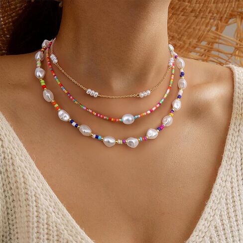 Sanfenly Colorful Beaded Necklace, 18k Gold Plated Boho Layered Pearl Bead Necklace Handmade Beach Summer Surfer Women's Choker Necklaces Shell Flower Heart Trendy Cute Long Necklaces For Women Teen Girls Jewelry Gift in Saudi Arabia