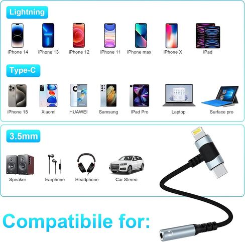 2 Pack Type-C & Lightning to 3.5mm Audio Headphone Adapter, 2 in 1 HiFi Audio Earbus Adapter for iPhone,USB C Devices, MFi Certified iPhone Headphone Adapter USB C Dongle for iPhone 15 14 13,Samsung in Saudi Arabia