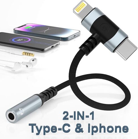 2 Pack Type-C & Lightning to 3.5mm Audio Headphone Adapter, 2 in 1 HiFi Audio Earbus Adapter for iPhone,USB C Devices, MFi Certified iPhone Headphone Adapter USB C Dongle for iPhone 15 14 13,Samsung in Saudi Arabia
