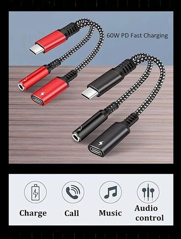 USB C to 3.5mm Audio Adapter 2-in-1 Splitter with PD Charger Cable, Type C to 3.5 mm Aux Jack Headphones Cord and 60W Fast Charging Port Wire (Black) in Kuwait