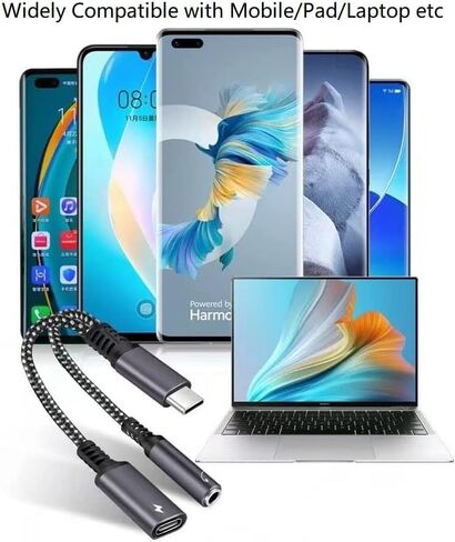 USB C to 3.5mm Audio Adapter 2-in-1 Splitter with PD Charger Cable, Type C to 3.5 mm Aux Jack Headphones Cord and 60W Fast Charging Port Wire (Black) in Kuwait