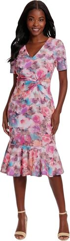London Times Women's Plus Size V-Neck Polished Flounce Hem Twist Waist Detail Feminine Office Event Guest of, Pink Multi in Saudi Arabia