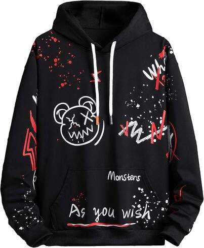 WDIRARA Men's Letter Cartoon Graphic Print Drawstring Hoodie Long Sleeve Sweatshirt with Pocket in Saudi Arabia