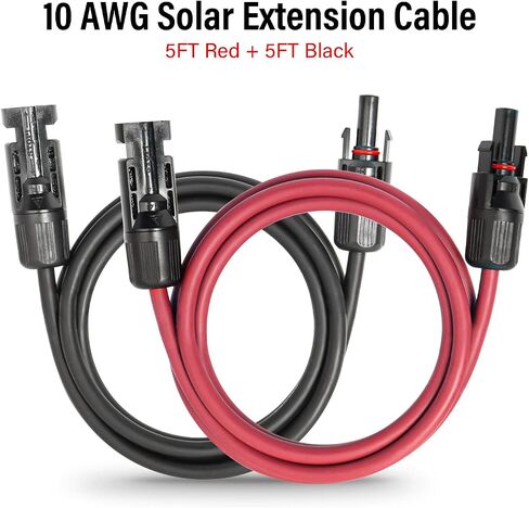 كابل تمديد شمسي 10 AWG بطول 5 أقدام أسود + 5 أقدام أحمر، سلك لوحة شمسية فائقة الذكور إلى الإناث سلك نحاسي معلب للوحات الشمسية، السيارات، المركبات الترفيهية، القوارب، في الهواء الطلق in Kuwait