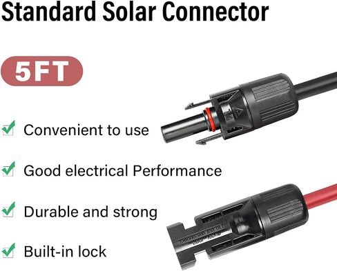 كابل تمديد شمسي 10 AWG بطول 5 أقدام أسود + 5 أقدام أحمر، سلك لوحة شمسية فائقة الذكور إلى الإناث سلك نحاسي معلب للوحات الشمسية، السيارات، المركبات الترفيهية، القوارب، في الهواء الطلق in Kuwait