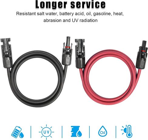 كابل تمديد شمسي 10 AWG بطول 5 أقدام أسود + 5 أقدام أحمر، سلك لوحة شمسية فائقة الذكور إلى الإناث سلك نحاسي معلب للوحات الشمسية، السيارات، المركبات الترفيهية، القوارب، في الهواء الطلق in Kuwait