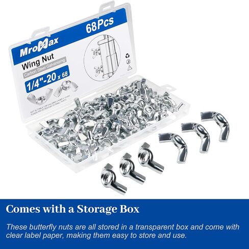 MroMax 68Pcs 1/4"-20 Wing Nuts Carbon Steel Butterfly Nuts Zinc Plated Fasteners Parts Hand Twist Tighten Ear Wingnuts 1/4-20 Inches Hardware Nuts in Saudi Arabia