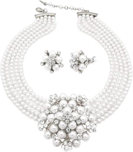 5 Rows Rhinestone Accented Simulated Floral Pearl Cluster Necklace, Clip on Earring 2 Set in Saudi Arabia