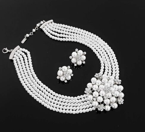 5 Rows Rhinestone Accented Simulated Floral Pearl Cluster Necklace, Clip on Earring 2 Set in Saudi Arabia