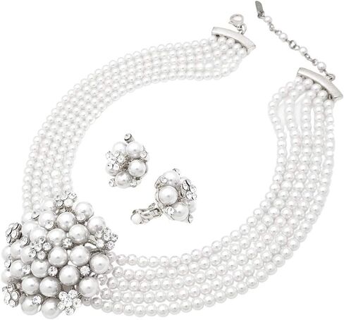 5 Rows Rhinestone Accented Simulated Floral Pearl Cluster Necklace, Clip on Earring 2 Set in Saudi Arabia