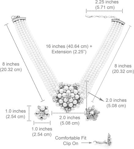 5 Rows Rhinestone Accented Simulated Floral Pearl Cluster Necklace, Clip on Earring 2 Set in Saudi Arabia