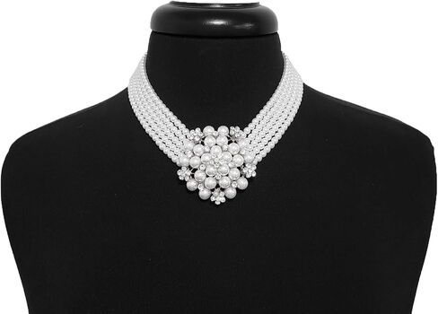 5 Rows Rhinestone Accented Simulated Floral Pearl Cluster Necklace, Clip on Earring 2 Set in Saudi Arabia