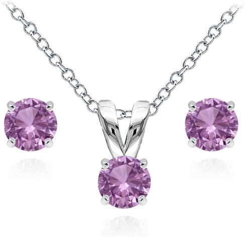 Jewelry Sets for Women, Necklace and Earring Sets for Women, Birthstone Jewelry, Genuine or Synthetic Gem, 5mm Round Solitaire, Pendant Necklace, Short Necklace, Stud Earrings, Sterling Silver Jewelry in Saudi Arabia