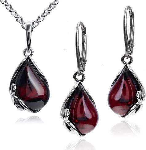 الكرز العنبر Leverback الفضة الاسترليني مجموعة أقراط قلادة Necklace18 بوصة in Kuwait