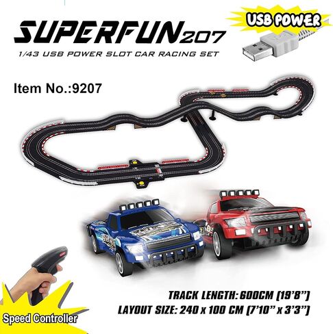 SuperFun 302-1/43 USB Power Slot Car Racing Set, Layout Size: 90"x32", LED Headlights, Lap Counter, Ages 8+ in Saudi Arabia