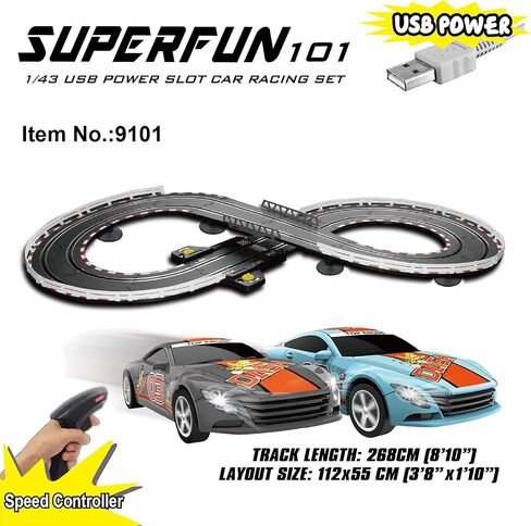SuperFun 302-1/43 USB Power Slot Car Racing Set, Layout Size: 90"x32", LED Headlights, Lap Counter, Ages 8+ in Kuwait