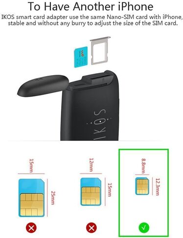 محول IKOS Bluetooth Active Dual SIM متوافق مع iPhone13Pro Max 12 X 8 7 6S 6 Plus iPad iPod iOS System، وضع الاستعداد العالي، تحقيق بطاقتي SIM نشطتين في هاتف iPhone واحد، للمكالمات والرسائل النصية القصيرة in Kuwait