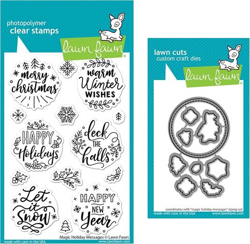 Lawn Fawn Magic Holiday Messages 4"x6" Clear Stamp Set and Coordinating Lawn Cuts Dies, Bundle of 2 Items (LF2676, LF2677) in Saudi Arabia