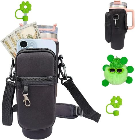 Water Bottle Carrier Bag with Phone Pocket for Stanley 40 oz Tumbler with Handle, Water Bottle Holder Pouch Accessories with Adjustable Strap Bollus & Straw Cover & Plush Pendant in Saudi Arabia