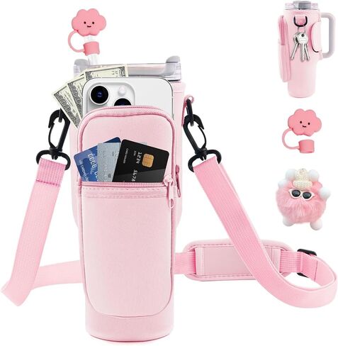 Water Bottle Carrier Bag with Phone Pocket for Stanley 40 oz Tumbler with Handle, Water Bottle Holder Pouch Accessories with Adjustable Strap Bollus & Straw Cover & Plush Pendant in Saudi Arabia