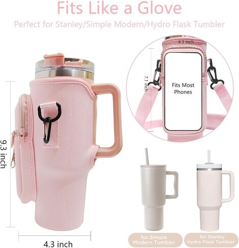 Water Bottle Carrier Bag with Phone Pocket for Stanley 40 oz Tumbler with Handle, Water Bottle Holder Pouch Accessories with Adjustable Strap Bollus & Straw Cover & Plush Pendant in Saudi Arabia