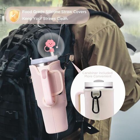 Water Bottle Carrier Bag with Phone Pocket for Stanley 40 oz Tumbler with Handle, Water Bottle Holder Pouch Accessories with Adjustable Strap Bollus & Straw Cover & Plush Pendant in Saudi Arabia