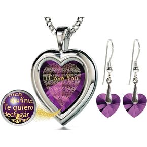 NanoStyle 925 Sterling Silver Loving Jewelry Set for Women I Love You Necklace in 120 Languages Inscribed in Pure Gold on Cubic Zirconia Romantic Heart Pendant and Crystal Earrings, 18"