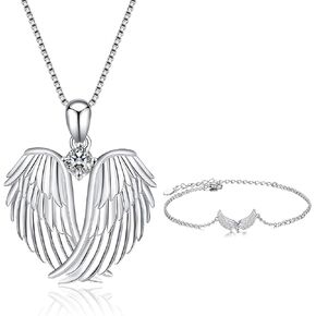 YFN Angel Wings Jewelry Set 925 Sterling Silver Guardian Angel Wings Pendant Necklace and Bracelet for Women Jewelry Gifts