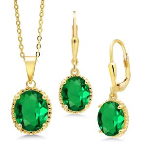 Gem Stone King 18K Yellow Gold Plated Silver Pendant and Earrings Jewelry Set Green Simulated Emerald | 6.63 Cttw | Oval 11X9MM and 9X7MM | With 18 Inch Chain