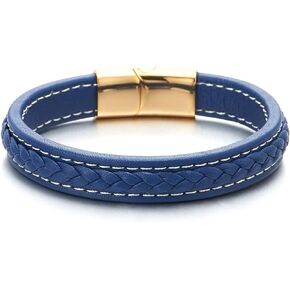 COOLSTEELANDBEYOND Men Women Blue Braided Leather Bangle Bracelet with White Stitches and Gold Steel Magnetic Clasp