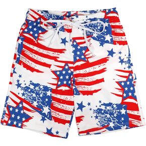 Boys Swim Trunks with Compression Liner Kids American Flag Board Shorts Quick Dry Bathing Suit 4-18 Years