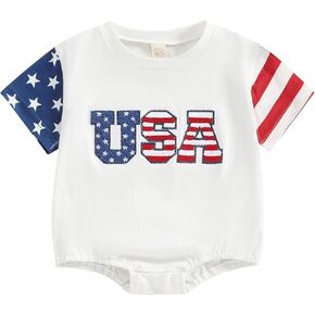 Gueuusu صبي فتاة 4th من يوليو ملابس قصيرة الأكمام الولايات المتحدة الأمريكية التطريز رومبير العلم الأمريكي رومبير يوم الاستقلال الزي الصيفي in Kuwait
