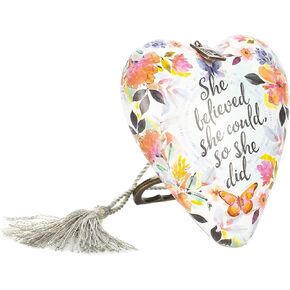 DEMDACO She Believed She Could So She Did Butterfly Floral 4 x 3 Heart Shaped Resin Keepsake Art Hearts Decoration with Key and Tassel