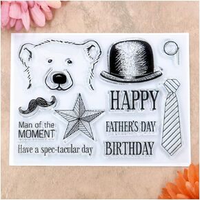Kwan Crafts Happy Father's Day Birthday Star Bear Hat Tie Beard Clear Stamps for Card Making Decoration and DIY Scrapbooking