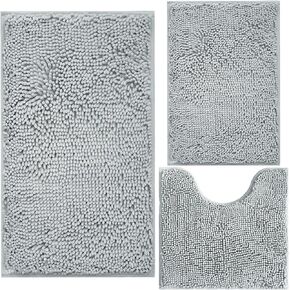 Bath Rugs Chenille 3-Piece Extra Soft and Absorbent Shag Beige Bathroom Rugs, Machine Wash Mat, Strong PVC Non-Slip Underside, Plush Carpet Mats (Beige)