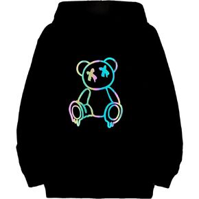 WDIRARA Men's Bear Print Drawstring Hoodie Reflective Drop Shoulder Long Sleeve Pullover Hooded Sweatshirt