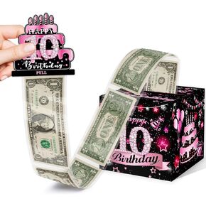 Birthday Money Box for Cash Gift, Pink Surprise Box Explosion Gift for Boys Girls Kids Pull, 10th Birthday Money Gift Ideas, 10 Years Old Birthday Party Decor-Included 35 Bags