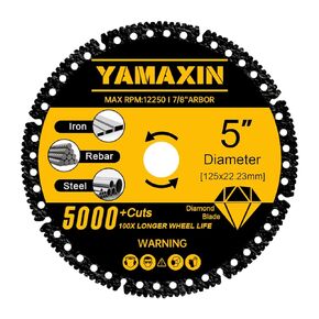 5Inch Metal Cutting Diamond Blade Cut Off Wheel with 5000+ Cuts Cut Off Wheel for Rebar Sheet Metal Angle Iron Stainless Steel(for 7/8" Arbor)