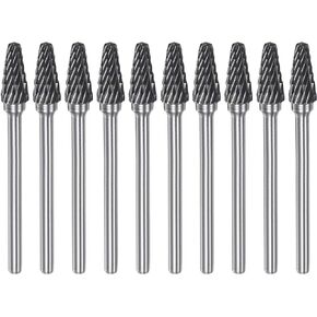 10pcs Carbide Rotary Burrs 1/8" (3mm) Shank 1/4" (6mm) Head Double Cut Cone L Shape Die Grinder Bits Rasp Files for Metal Wood Plastic Polishing Engraving