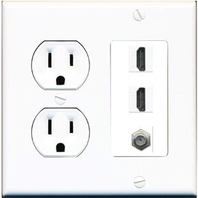 15 Amp Round Power Outlet 2 Port HDMI 1 Coax Cable-TV F-Type Wall Plate White