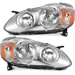 Headlight Assembly For Toyota Corolla 2003-2008 Chrome Housing Amber Reflector Clear Lens Driver and Passenger Side Headlamp