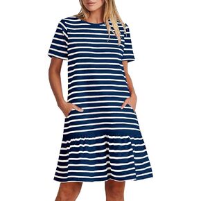 MITILLY Women's Casual Summer T Shirt Dress Striped Loose Short Sleeve Tunic Dress with Pockets