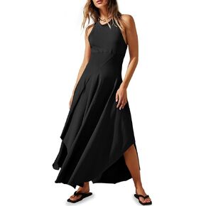 Fisoew Womens Summer Sleeveless Maxi Dress Asymmetrical Hem Crew Neck High Waist A Line Flowy Casual Long Beach Dress