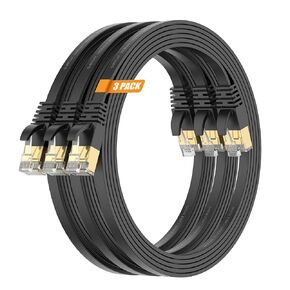 Cat7 3-Pack 10FT Ethernet Cable,Black-10Gbps Network Flat Patch Cord,Shielded & Ground Wire Ultra Slim Gold-Plated RJ45 Cat 7 LAN Line with Cable-Tie for Router,NAS,PC,CAT6A