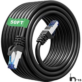 Cat 6 Outdoor Ethernet Cable 50ft, Cat 6 Shielded Cable 23 AWG, RJ45 Connectors, Direct Burial, Waterproof, UV Resietant, LAN Network Cable for Router Gaming Modem, CCA Copper Clad